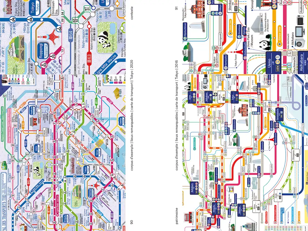 Double-page extraite du livre Le Design Orienté, cartes de transports publics