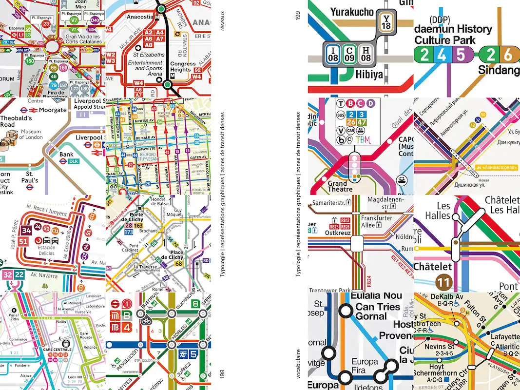 Double-page extraite du livre Le Design Orienté, cartes de transports publics